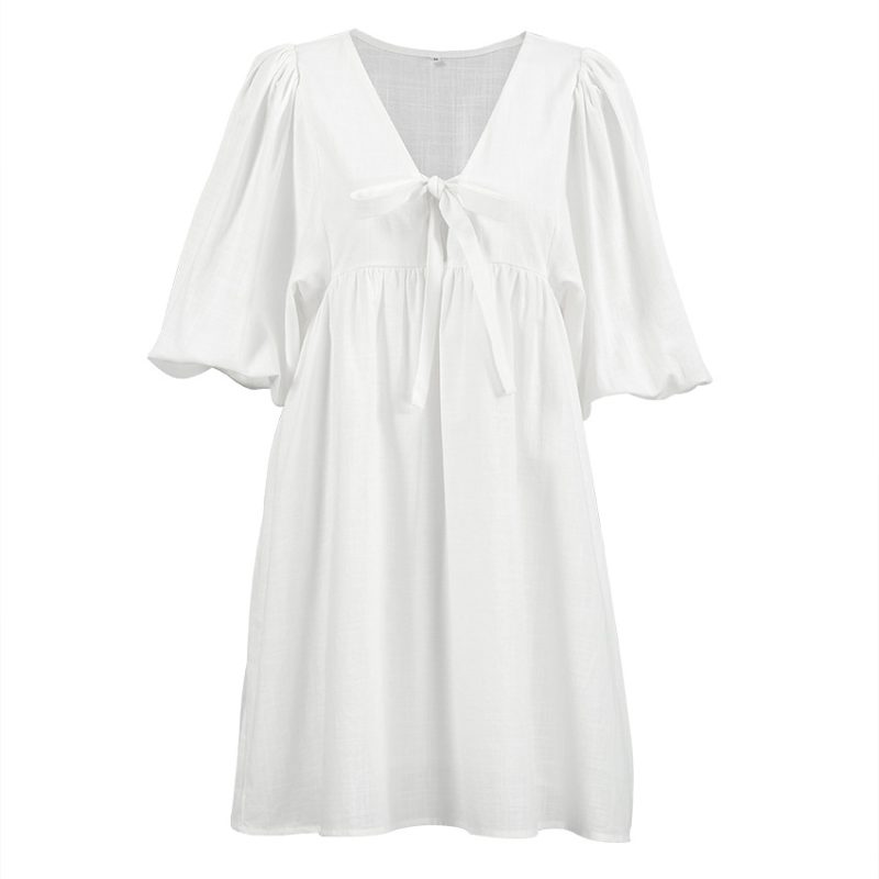 Cotton Linen Dress with French Tea Break Bubble Sleeves - Image 2