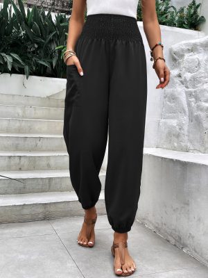 Elastic Waist High-Waist Wide Leg Ankle-Length Pants