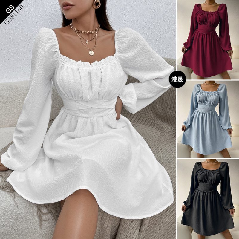 Square Collar Lace-Up A-Line Office Dress - Image 7