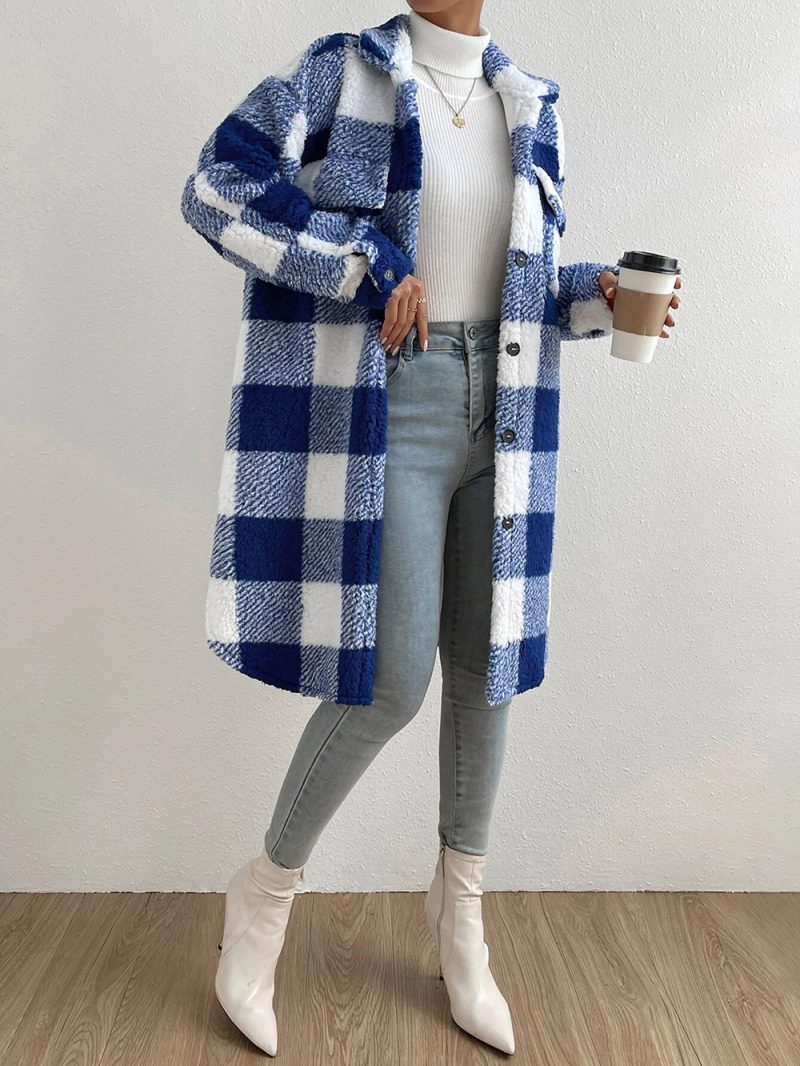 Buckle Collared Plush Plaid Coat - Image 7