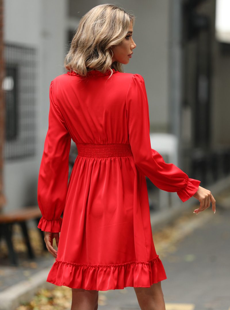 Ruffled V-Neck High Waist A-Line Dress - Image 6