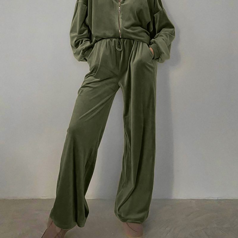 Velvet Hooded Sports Sweater and Wide Leg Pants Set - Image 4