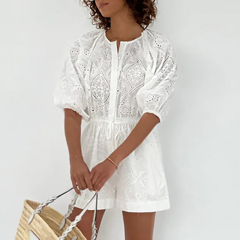White Jacquard Puff Sleeve Jumpsuit - Image 2