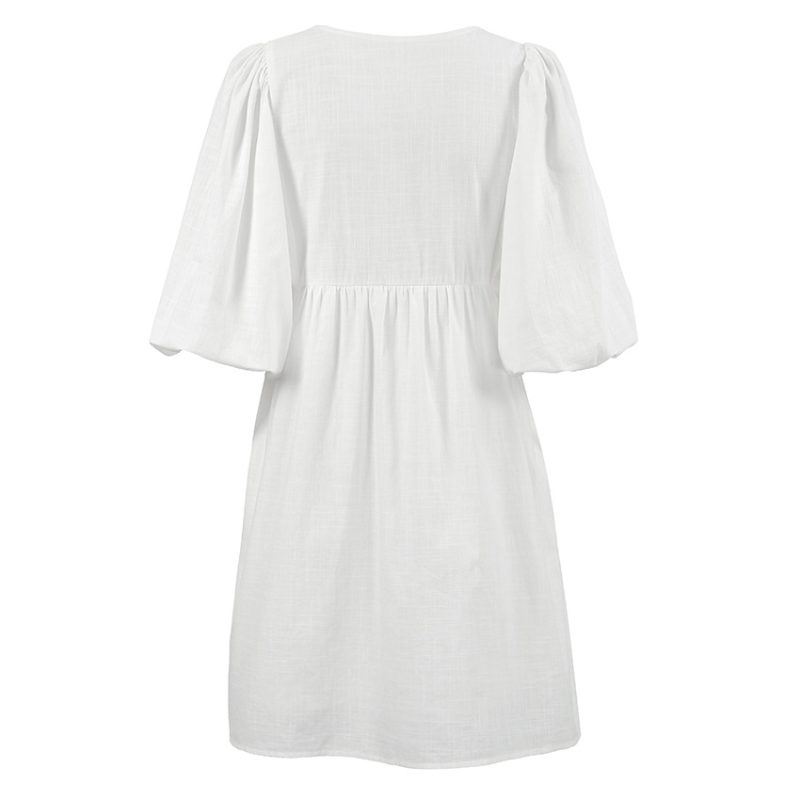 Cotton Linen Dress with French Tea Break Bubble Sleeves - Image 3