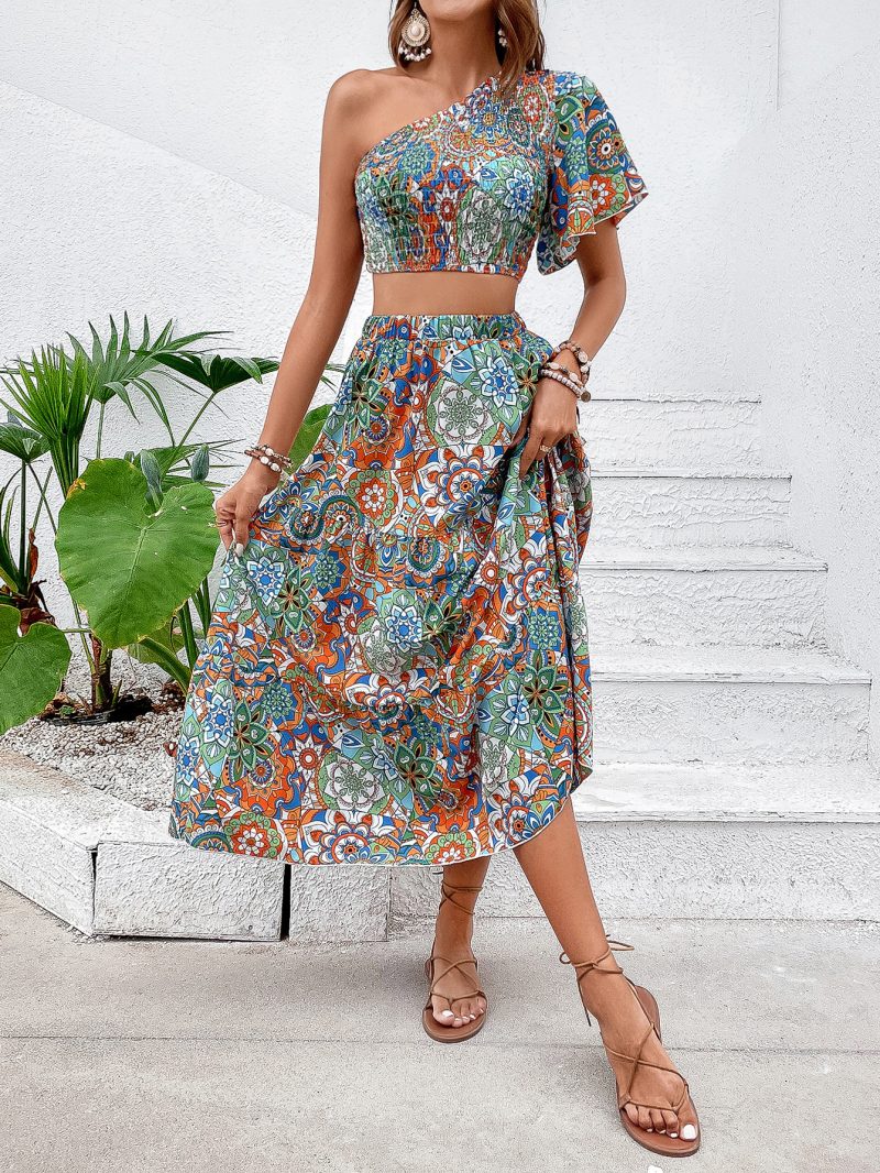 Bohemian Maxi Dress with Oblique Shoulder - Image 3