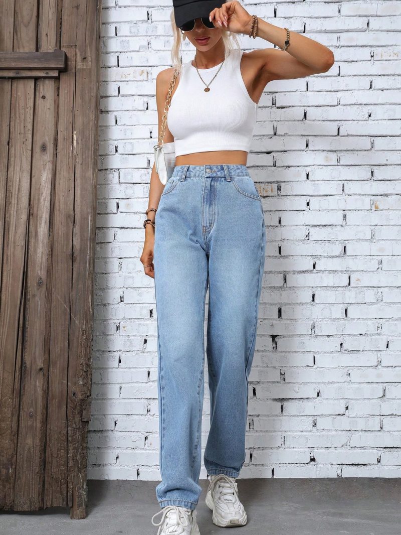 Retro High Waist Straight Leg Denim Trousers - Image 3