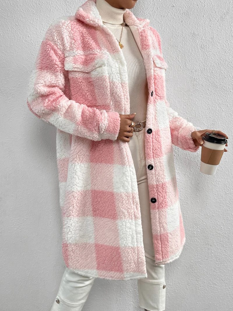 Buckle Collared Plush Plaid Coat - Image 2