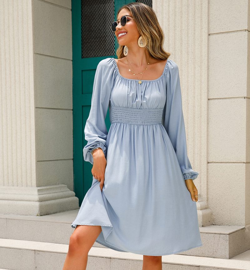 Off-Neck Smocking Waist A-Line Dress - Image 3