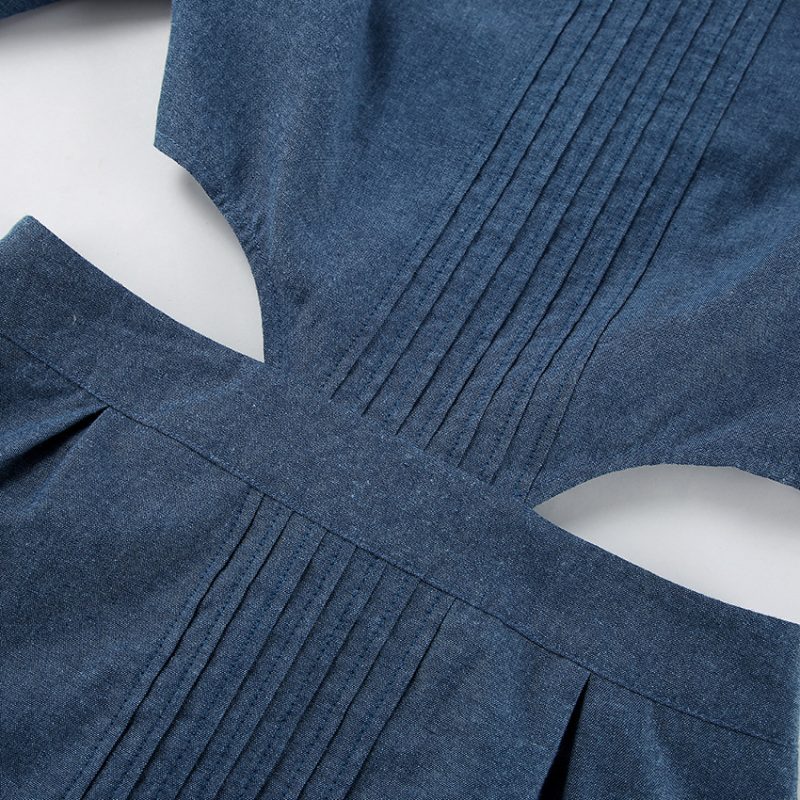 Retro Blue Denim Puff Sleeve Dress - Image 7