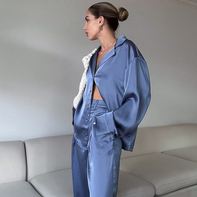 Satin Office Two-Piece Set in Elegant Blue - Image 2