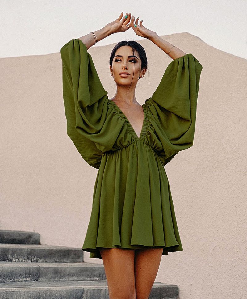 Autumn Short Lantern Sleeve V-Neck Dress - Image 5
