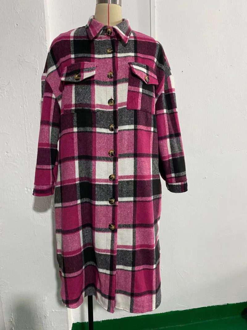 Slim Fit Woolen Plaid Trench Coat for Women - Image 5