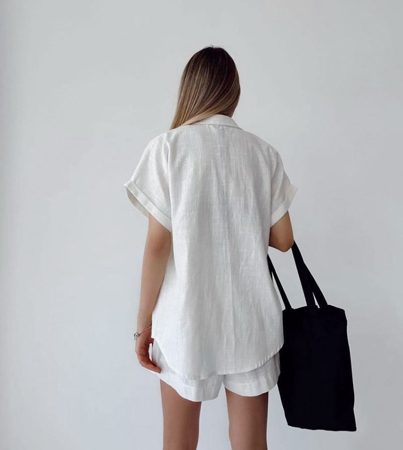 Casual Cotton Linen Short Sleeve Shirt and Shorts - Image 4