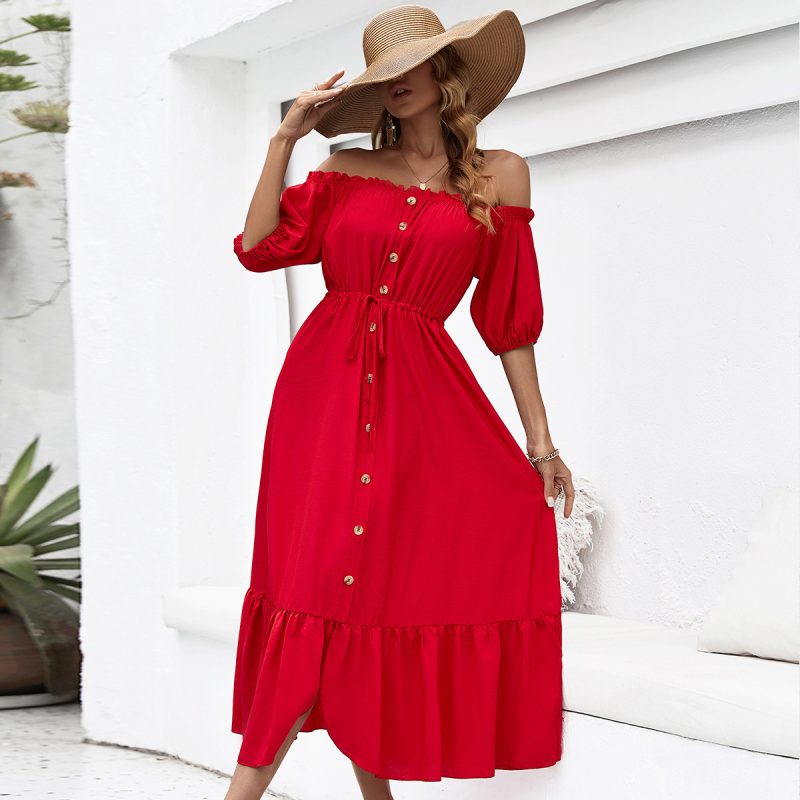 Red Off-Shoulder Dress with Wooden Ear Detail - Image 3