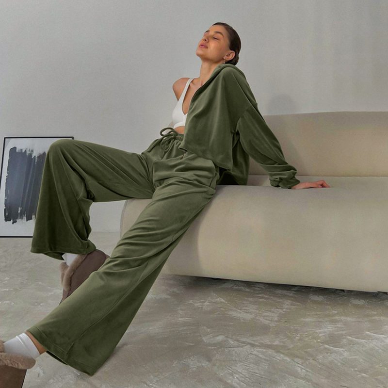Velvet Hooded Sports Sweater and Wide Leg Pants Set - Image 3