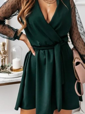 Elegant Long Sleeve Dress with Mesh Stitching