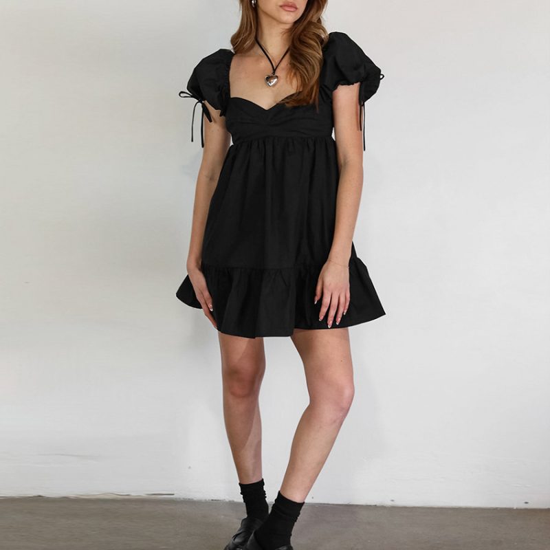 Black Square Collar Puff Sleeve Off-Shoulder Dress - Image 3
