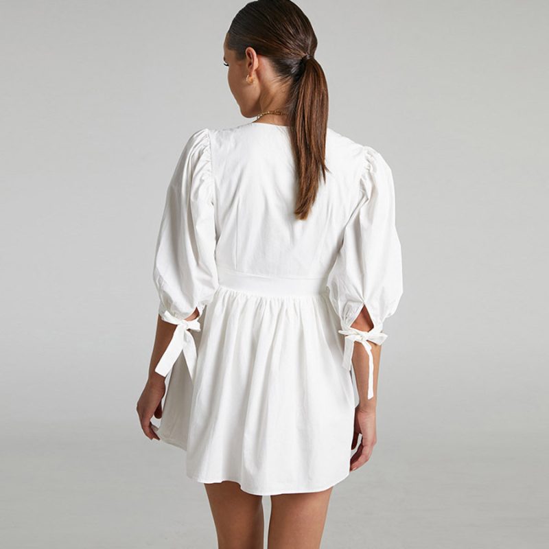 Cotton White Puff Sleeve V-Neck Dress - Image 3