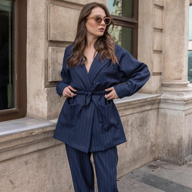 British Style Blue Striped Collar Long Sleeve Trousers Set - Image 2