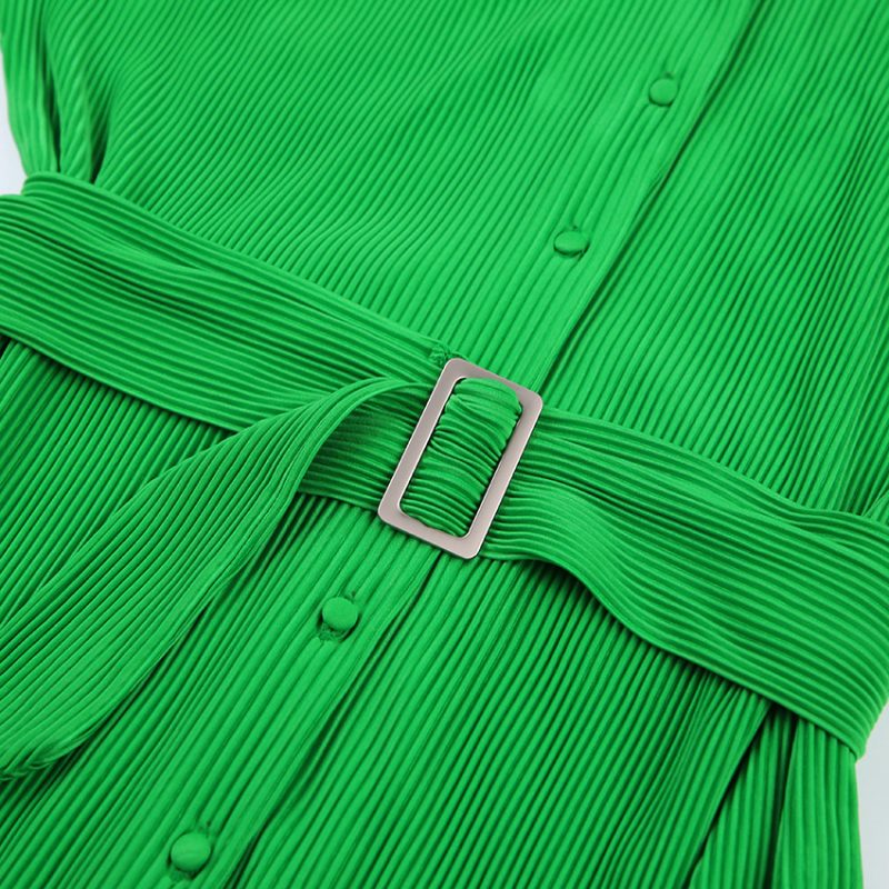 Green Textured Pleated Shirt Dress - Image 8