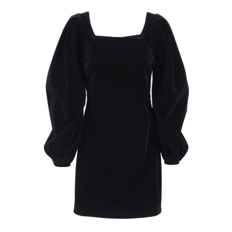 Black Pleuche Halloween Dress with Square Collar - Image 5