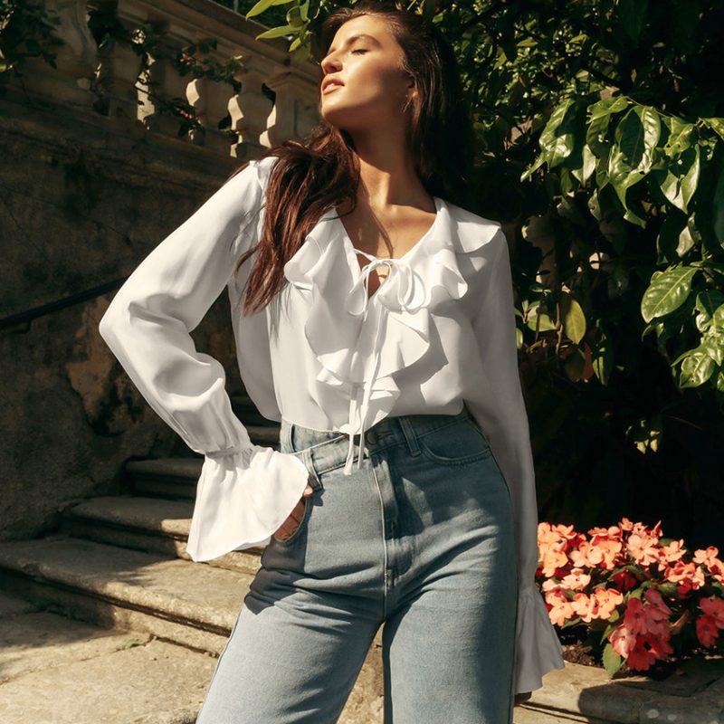 French Ruffled V-neck Puff Sleeve Shirt - Image 4