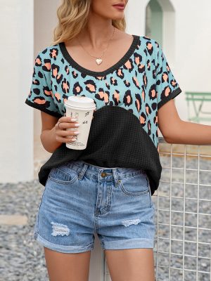 Leopard Splicing V-Neck T-Shirt for Women