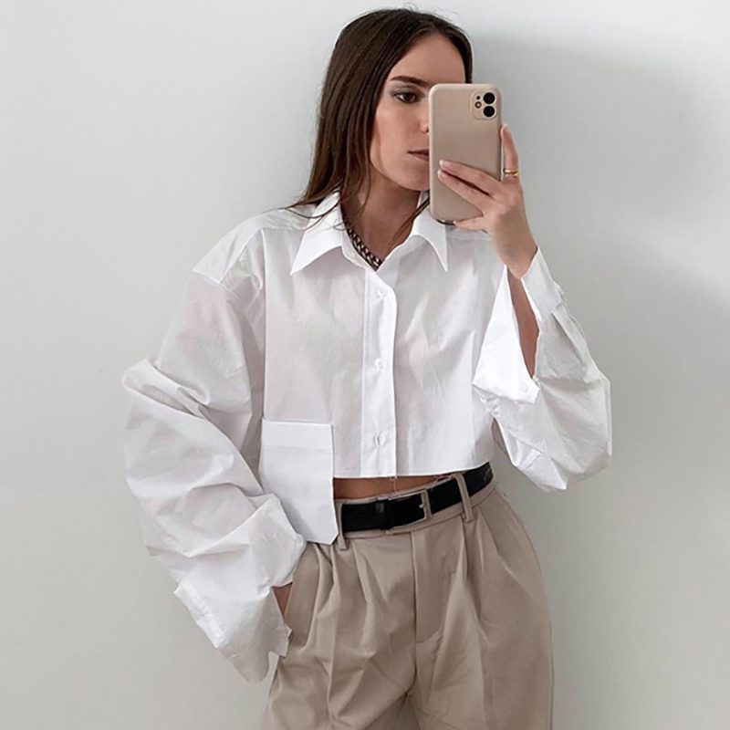 White Cropped Asymmetric Shirt for Autumn - Image 2