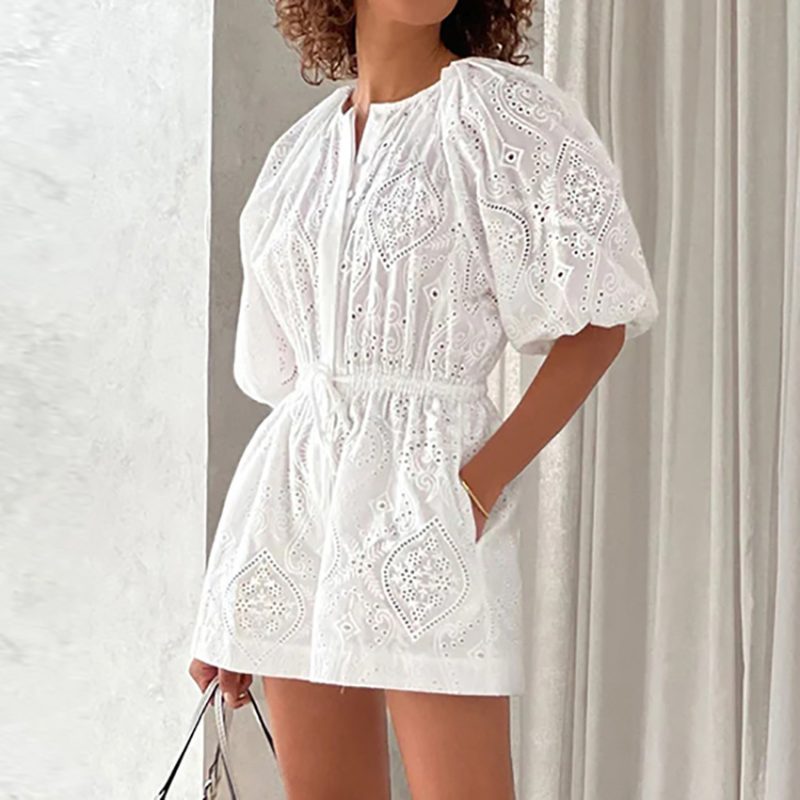 White Jacquard Puff Sleeve Jumpsuit - Image 4