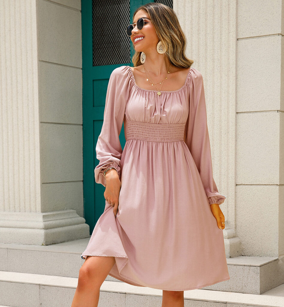 Off-Neck Smocking Waist A-Line Dress - Image 7