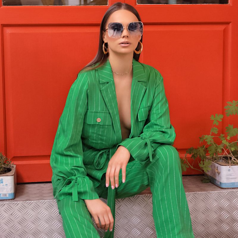 Green Striped Long Sleeve Collar Set - Image 3