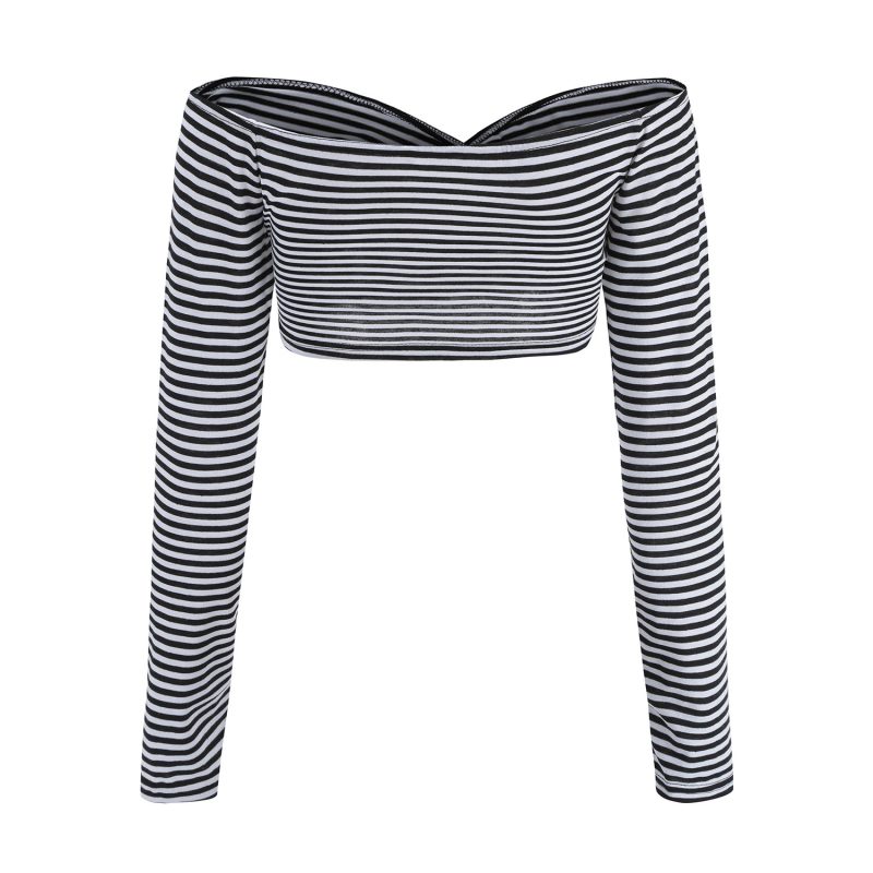 Off-Neck Short Striped Cross Slim Fit Cropped Long Sleeve - Image 3