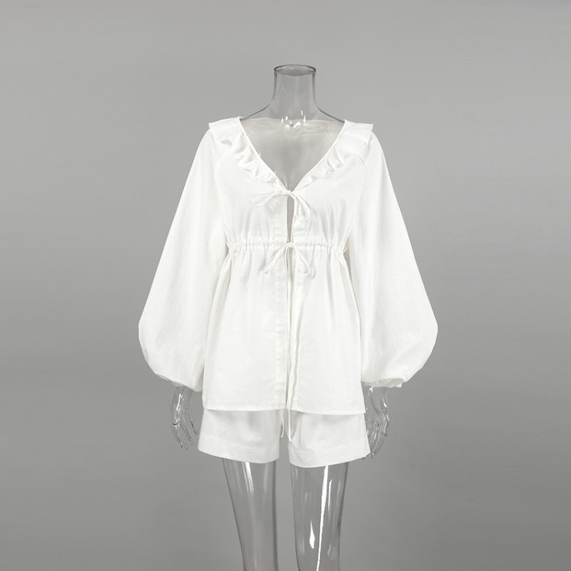 White Lantern Sleeve V-neck Two-Piece Set - Image 5