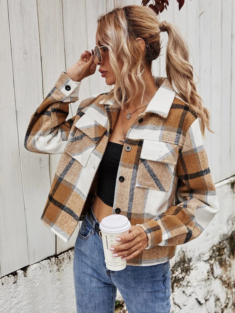 Single-Breasted Woolen Plaid Short Coat - Image 2