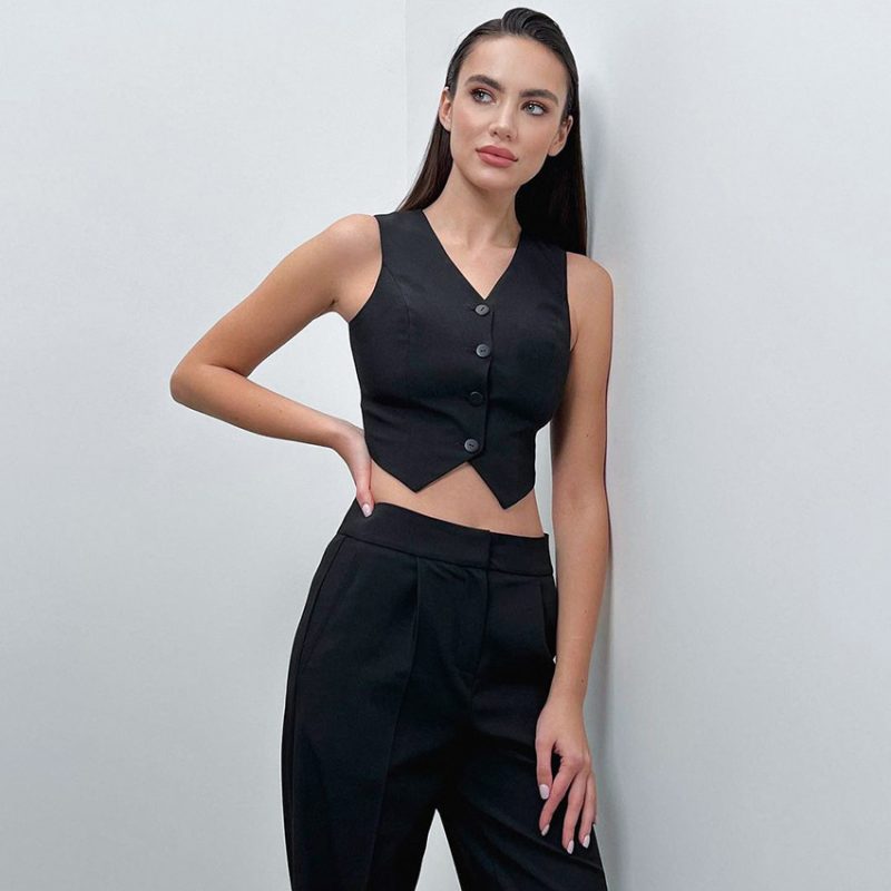 V-Neck Waistcoat Vest & Straight Leg Trousers Set - Image 3