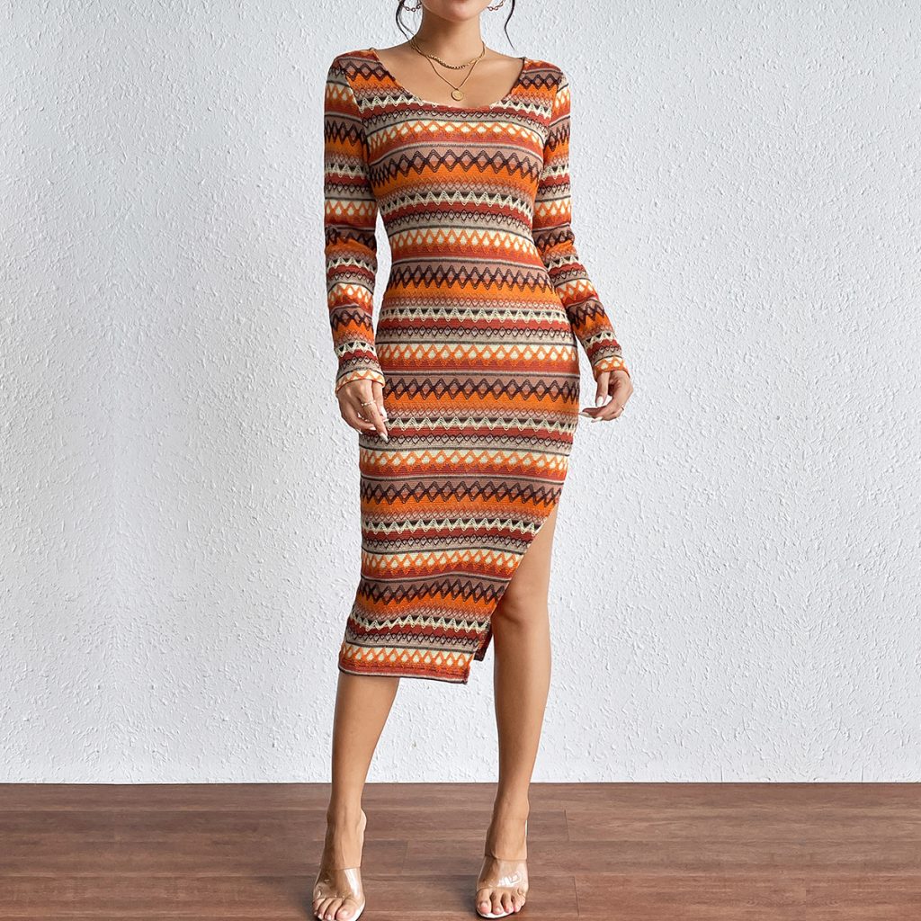 Urban Long Sleeve Color Striped Women's Dress