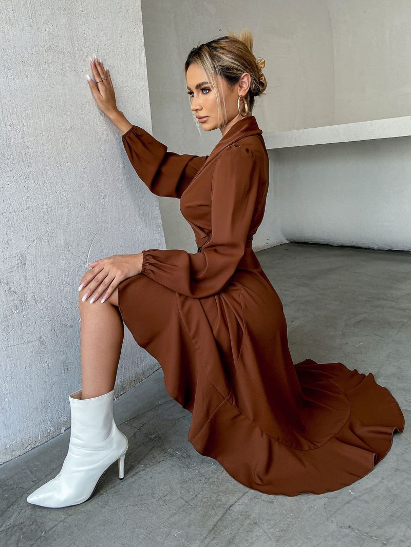 Solid Color Ruffles Tied Long Sleeves Dress - Image 4