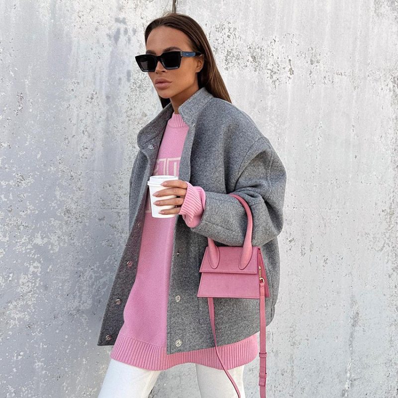 Gray Woolen Coat - Graceful Stand Collar Office Top - Image 2
