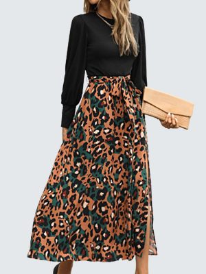 Split Printed Wrap Chest Mid-Length Dress