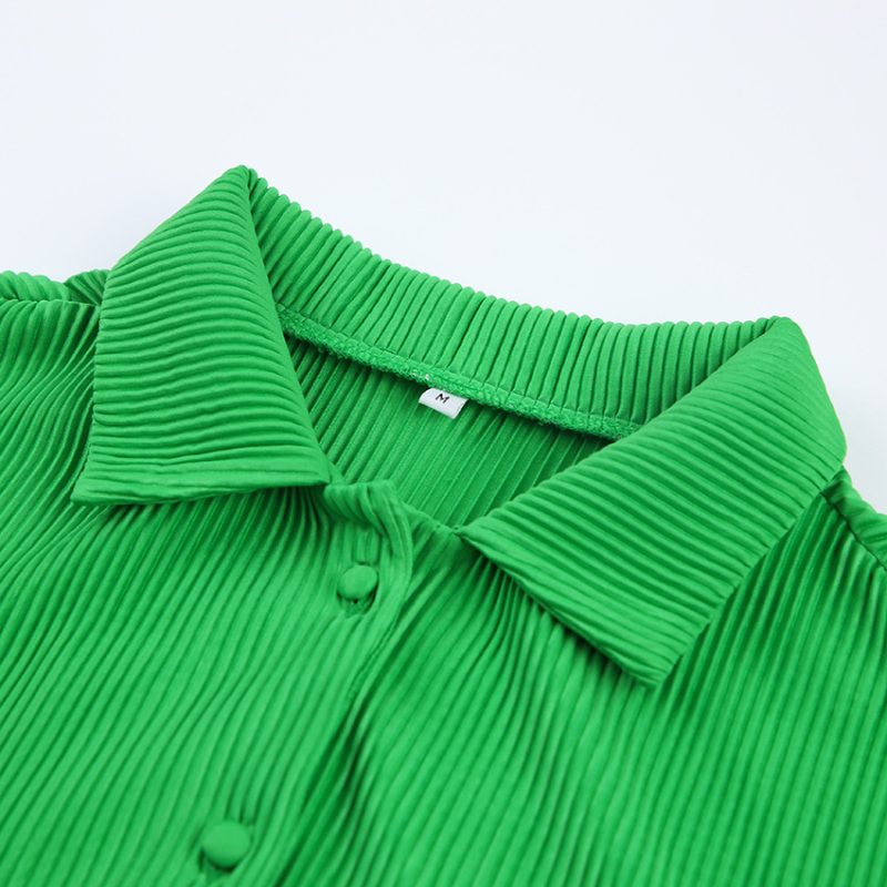 Green Textured Pleated Shirt Dress - Image 6
