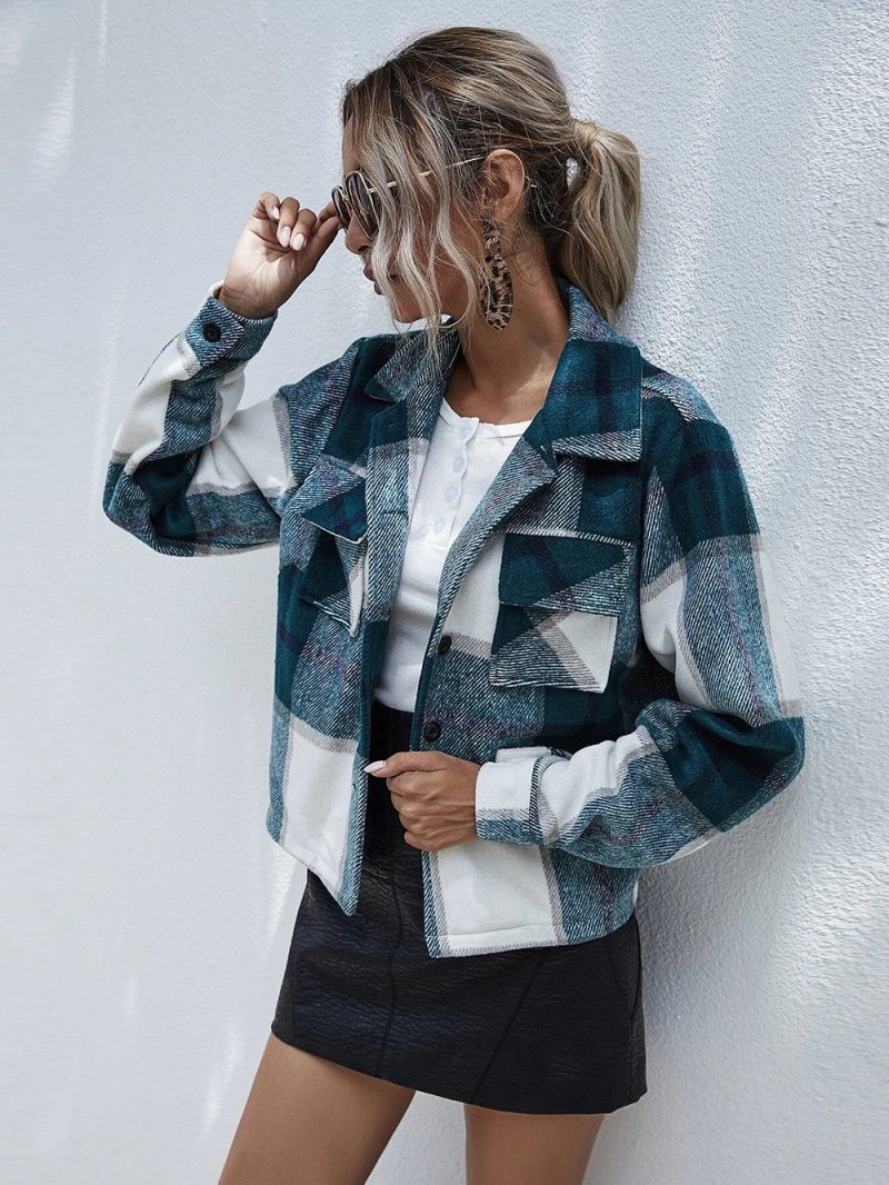 Single-Breasted Woolen Plaid Short Coat - Image 3