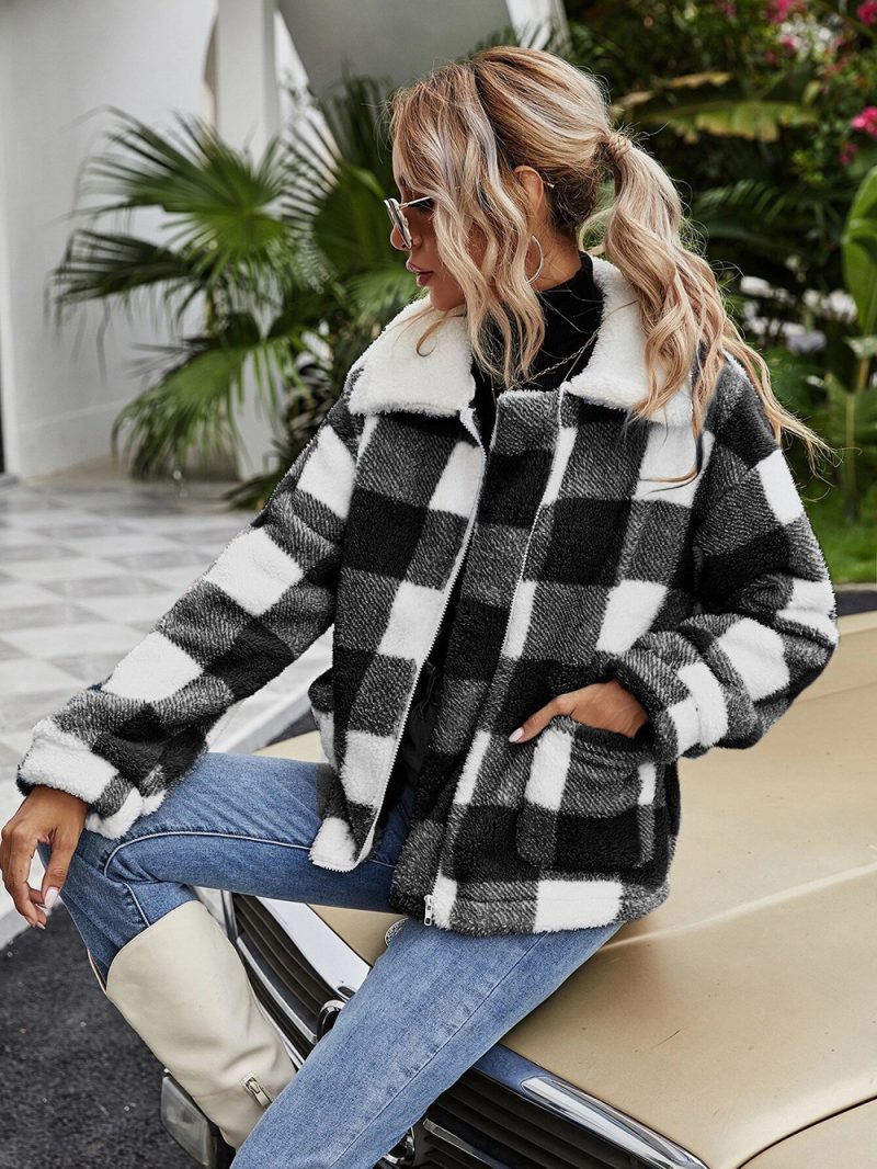 Zipper Collared Plaid Plush Coat - Image 6