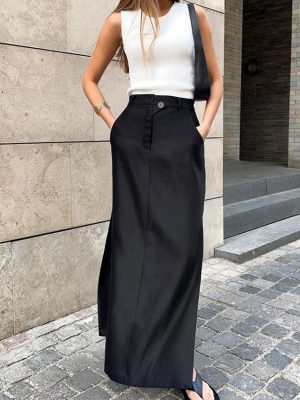 Elegant Black Split High Waist Drape Skirt