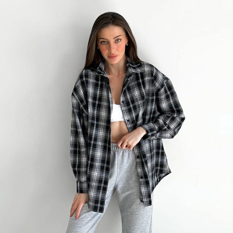 Retro Lapels Long Sleeve Plaid Shirt - Image 2