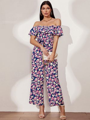 Ruffles Off-Shoulder Jumpsuit with Lace-Up Waist