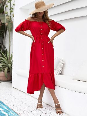 Red Off-Shoulder Dress with Wooden Ear Detail