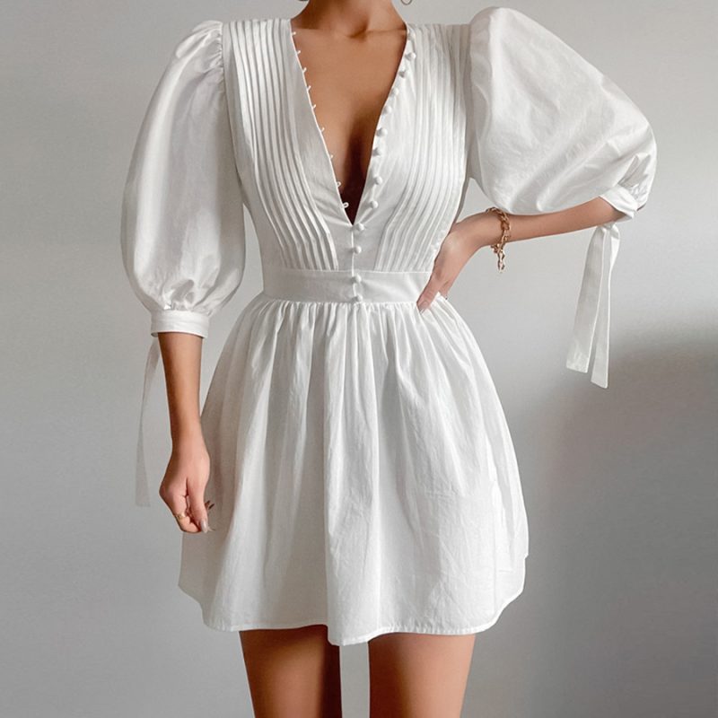Cotton White Puff Sleeve V-Neck Dress - Image 4