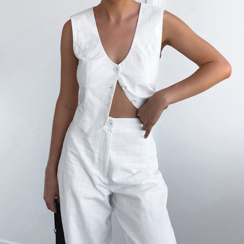 White V-Collar Slim Vest Trousers 2-Piece - Image 2