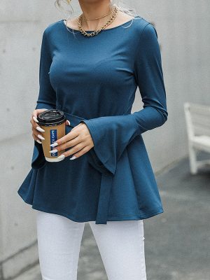 Women’s Solid Color Round Neck Top for Spring and Autumn