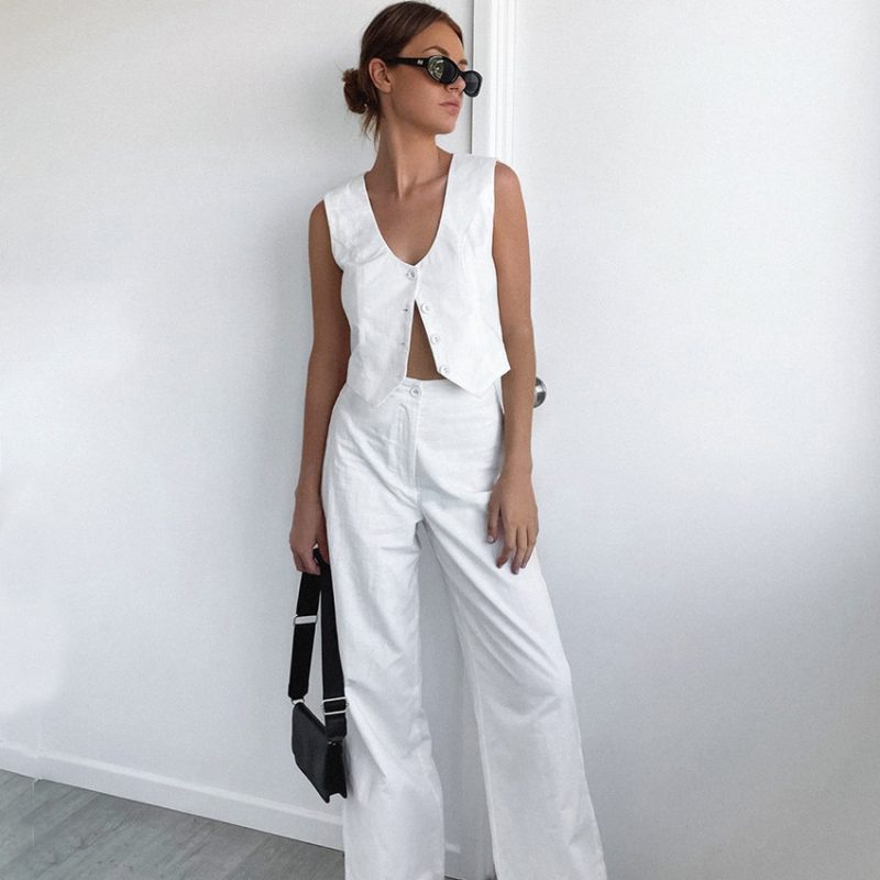 White V-Collar Slim Vest Trousers 2-Piece - Image 4